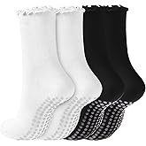 REACH STAR 4 Pairs Pilates Socks with Grips Non Slip Ruffle Yoga Grip Socks for Women