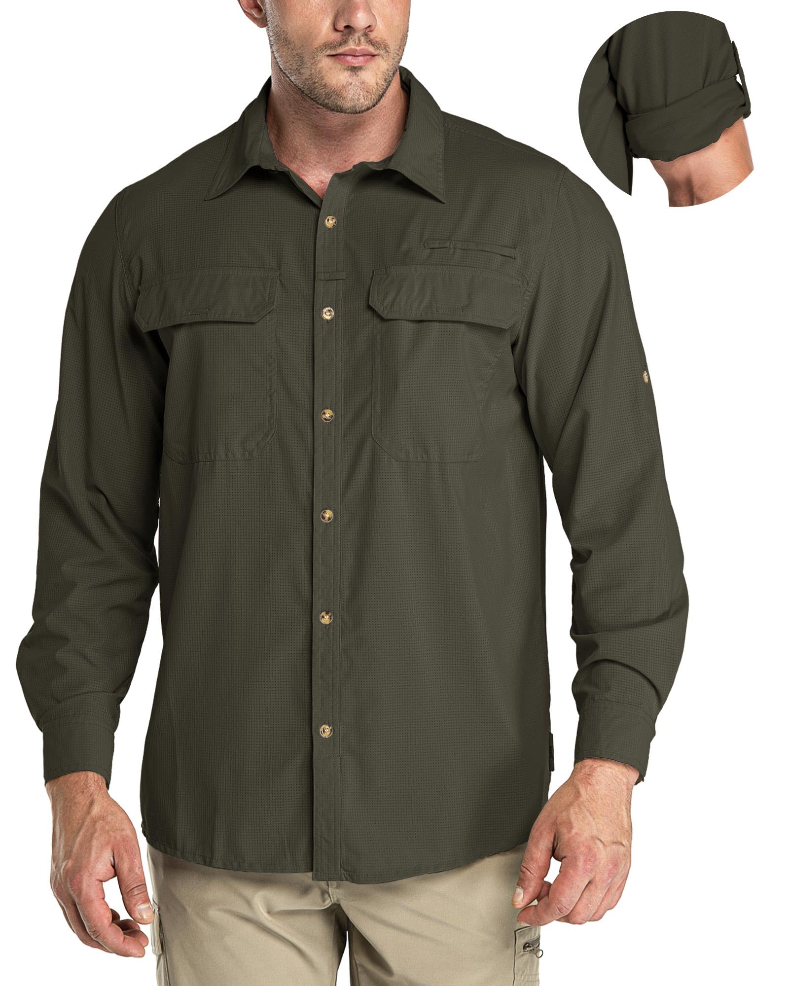 Photo 1 of 33,000ft Men's Long Sleeve Sun Protection Shirt UPF 50+ UV Quick Dry Cooling Fishing Shirts for Travel Safari Camping Hiking Green