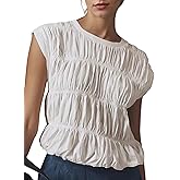 Livtany Women's Cap Sleeve Shirred Tank Tops Crew Neck Tiered Bubble Babydoll Cute Blouse Top Solid Loose Fit Tee Shirts White