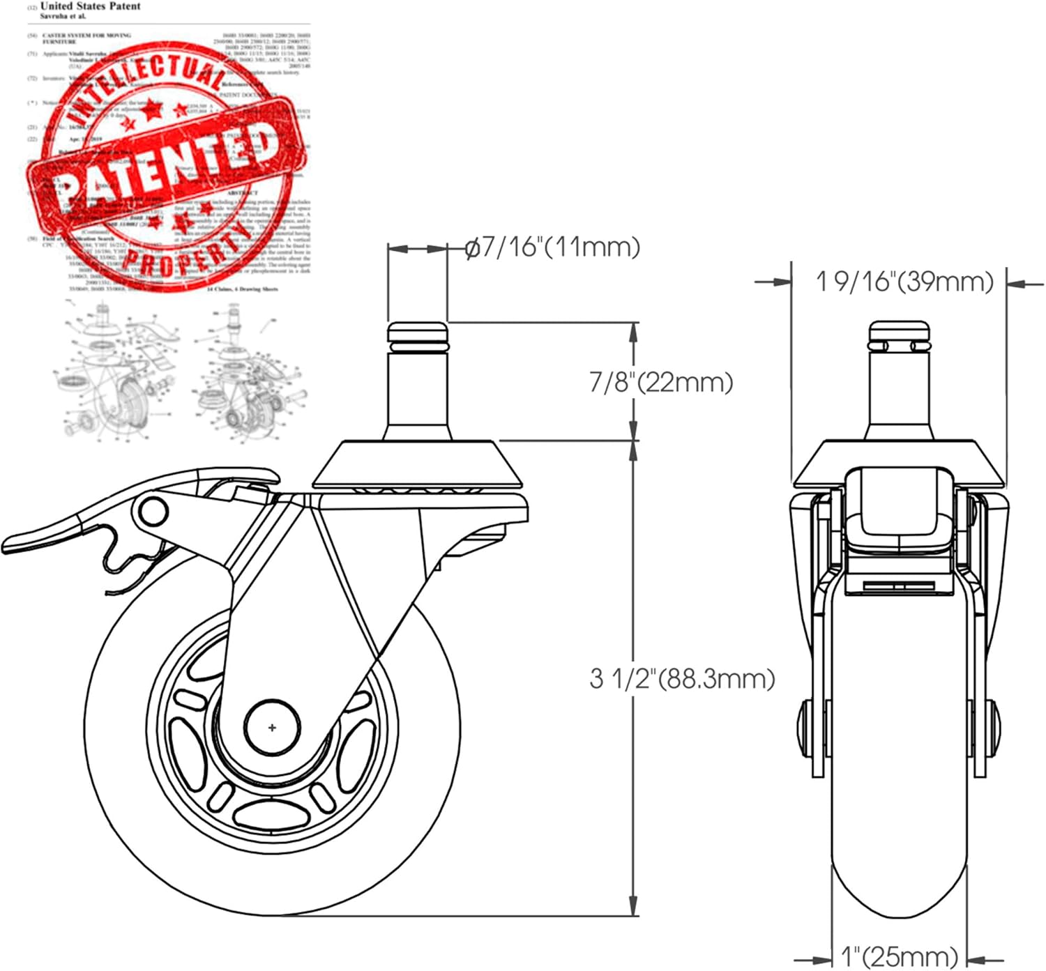 STEALTHO Patented Replacement Office Chair Caster Wheels Set of 5 - Protect Your Floor - Quiet Rolling Over Cables - No More Chair Mat Needed - with Brakes - Blue Polyurethane - Standard Stem 7/16 : Office Products