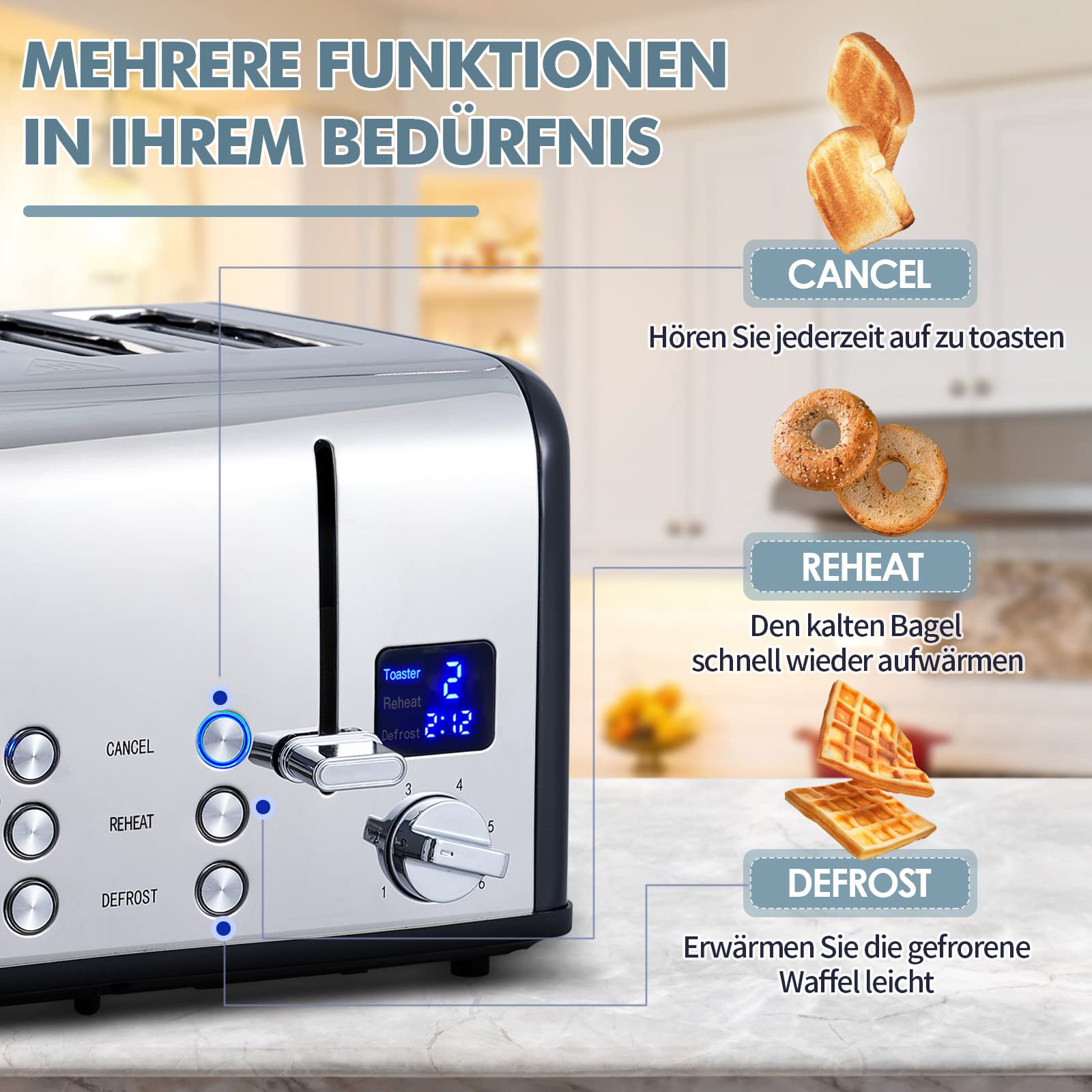 Toaster 4 Scheiben, CUSIMAX Edelstahl mit LED-Anzeige, 4 extra breite schlitze toaster schwarz, 2 individuelle Bedienfelder mit 6 Bräunungsstufen, Abbrechen, Aufwärmen & Auftauen Funktion 5