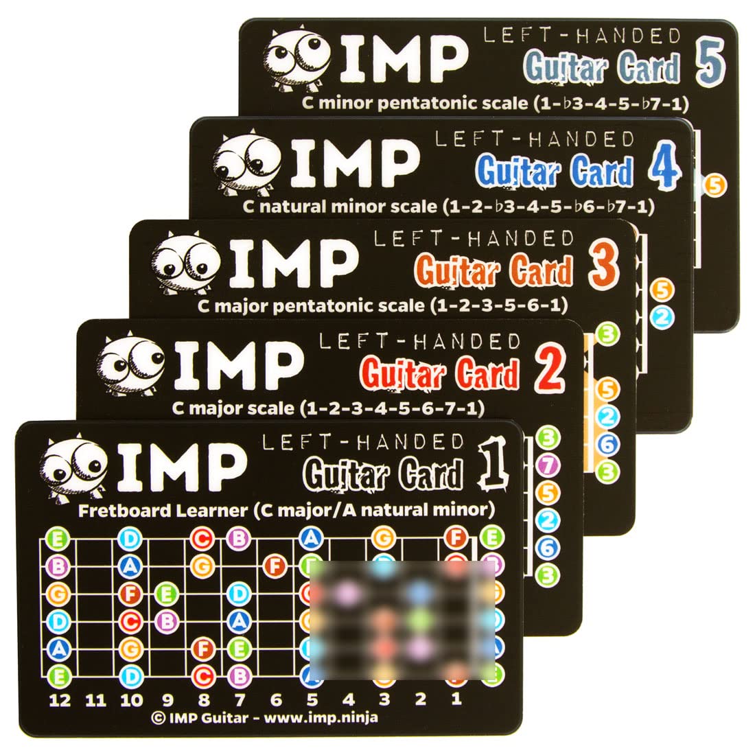 IMP Guitar Cards (Left-Handed) - Credit Card-Size Guitar Theory Reference - Learn Fretboard Notes - Chord Families - Essential Scales - Scale, Chord & Mode Construction