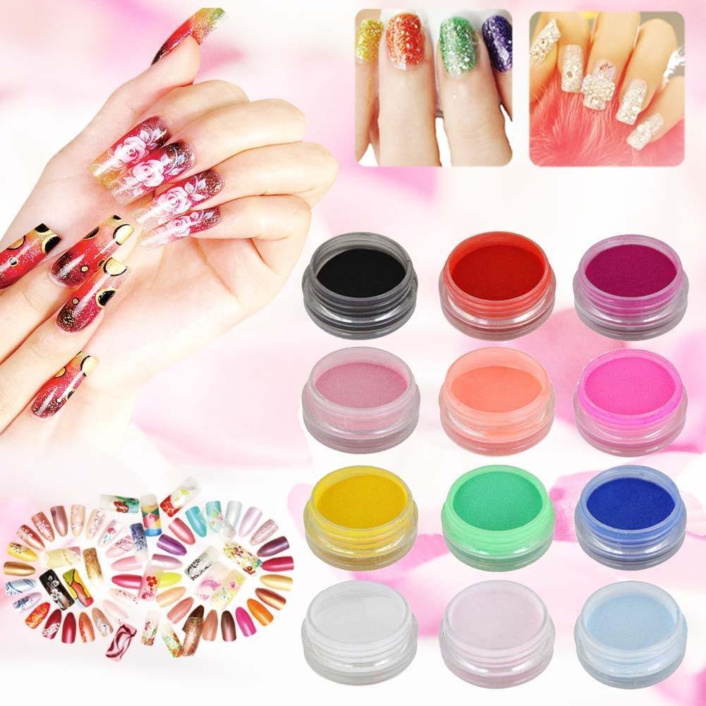 12 Mix Colours Acrylic Nail Art Tips Uv Gel Powder Dust 3d Diy