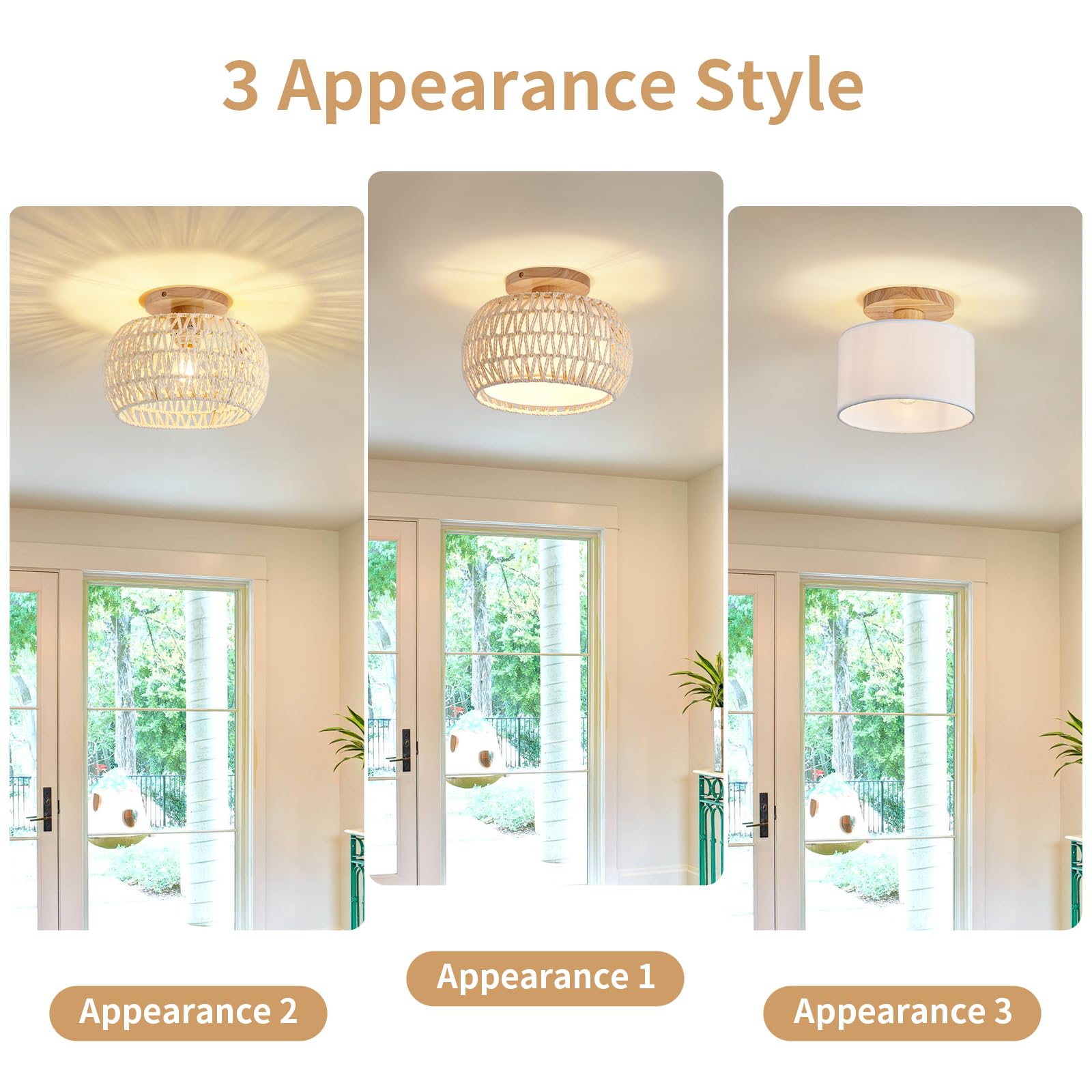 Condition photo showing New/Like New for boho rattan ceiling light fixture - 3 style options wicker semi flush mount ceiling lights,beige coa