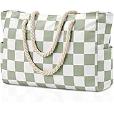 Becokan Beach Bags for Women Checkered Large Beach Tote Bag Zipper Beach Bags Waterproof Sandproof Canvas Swim Pool Bag