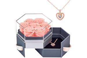 Beaulasting Roses Valentines Day Gifts for Her 7-Piece Preserved Roses in a Box Eternal Roses with Necklace Gift for Mother's Day Wedding Anniversary Birthday (Hexagon Haze Blue Box, Champagne Roses)