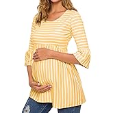 Ecavus Womens Casual Maternity Tops Striped Peplum 3/4 Ruffle Sleeve Shirt Ultra Soft Pregnancy Clothing