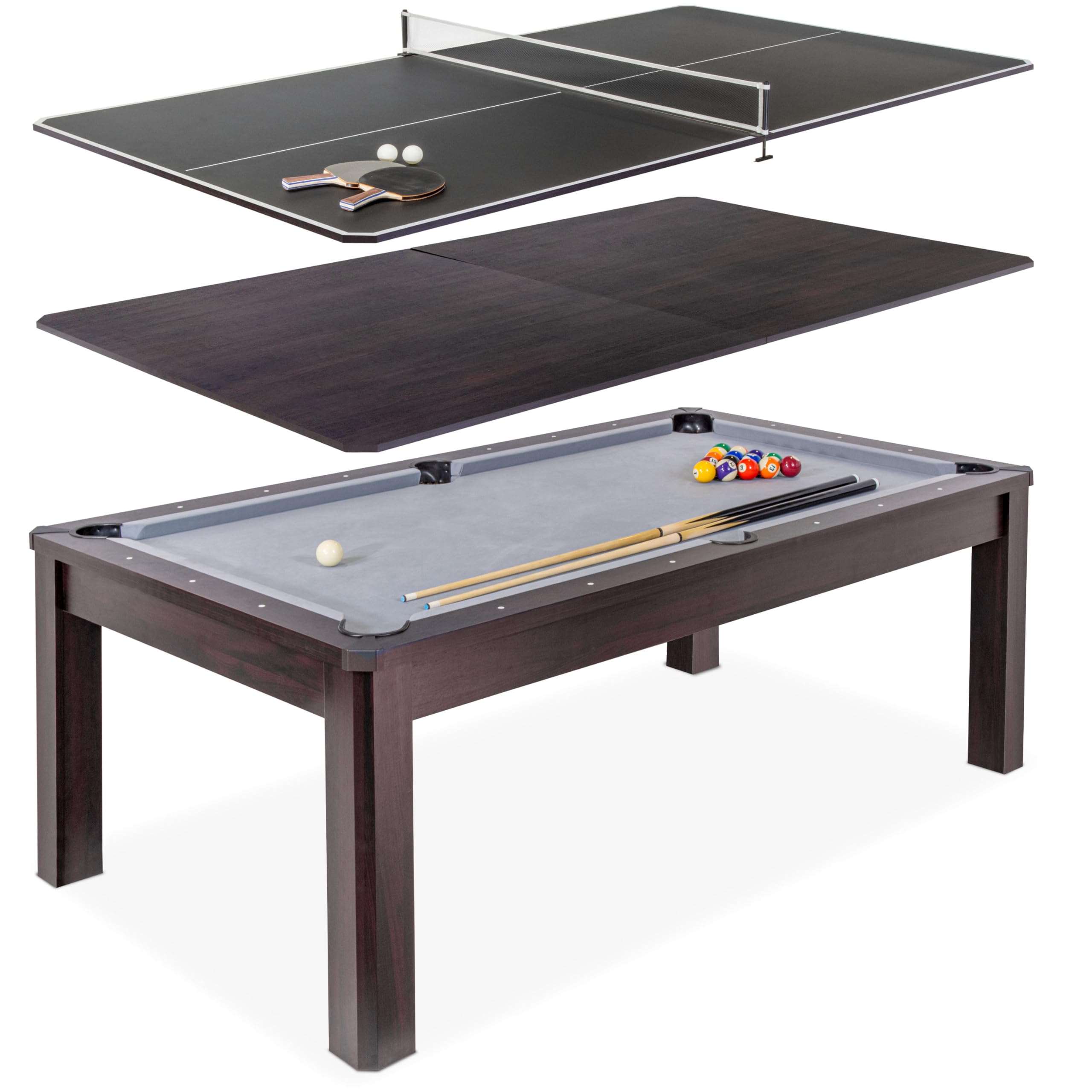 GoSports 7 ft 3 in 1 Pool, Dining, & Table Tennis Combo Table and Storage Benches - Convertible Top Game Table with Billiards and Table Tennis Accessories