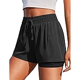 PINSPARK Women's 2 in 1 Running Shorts with Liner Pockets Quick Dry Athletic Workout Gym Shorts