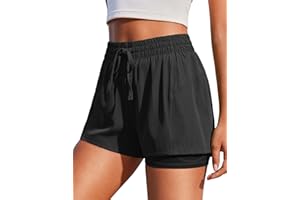 PINSPARK Athletic Shorts for Women 2 in 1 Workout Shorts High Waisted Running Short Gym Quick Dry Shorts with Pockets