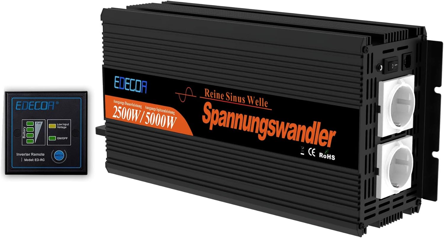 EDECOA Inversor de 12v 220v Onda Pura 2500w con Mando a Distancia Inversor para caravanas de Onda Pura 2500w Convetidor de 12v 230v Transformador de Corriente …