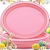 BONSINY 50 Count Pink Plastic Plates Disposiable 10" x 12" Oval Pink Plates for Birthday Picnic Spring Easter Party