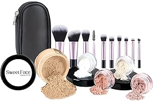 SWEET FACE MINERALS 16pc STARTER KIT with 10 BRUSHES SET (WARM) Mineral Makeup Bare Face Loose Powder Includes Matte Foundation, Veil Primer, Blush, Bronzer, Translucent Finishing Setting Powder SPF 30 Travel Size