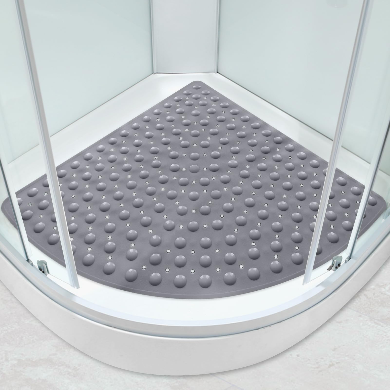 Corner Shower Mat Non Slip Anti Mould: 70x70 cm Quadrant Shower Mat for Inside Shower - Curved Shower Tray Mat with Suction Cups & Dome Design - Gray Sector Bath Mat for Bathroom Wet Floor