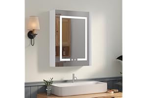 MELLCOM 20 x 28 inch LED Medicine Mirror Cabinet with Sockets & USBs, Wall Mounted Bathroom Cabinet with Mirror& Storage& Ant