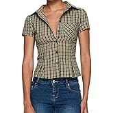 Women Y2K Plaid Button Down Shirt Coquette Short Sleeve V Neck Slim Fit Crop Top Vintage Coquette Blouses