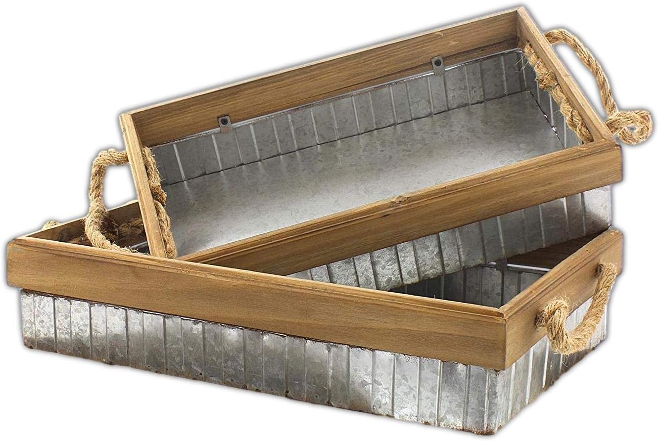 Set of 2 Rustic Bucket Trays Galvanized Metal & Wood 14.5" & 16.5"