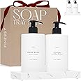 Modern Luxe White Kitchen Soap Dispenser Set with Tray, Lotion Dishwashing Liquid Detergent Hand and Dish Soap Dispenser Set, Dual Refillable Pump Bottles for Kitchen and Bathroom Countertop Farmhouse