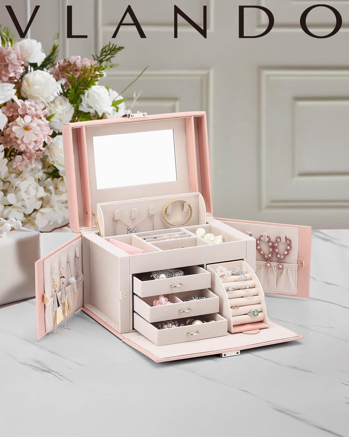 Vlando Jewelry Organizer Box With Glass Lid & 3 Drawers - PU Leather, Cloud White, Gift Ready