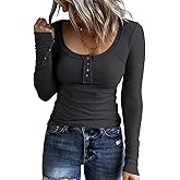 KINLONSAIR Women’s Long Sleeve Henley T Shirts Button Down Slim Fit Tops Scoop Neck Ribbed Knit Shirts