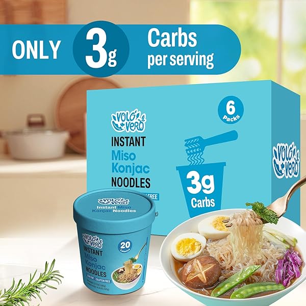 VOLO VERO KONJAC NOODLE INSTANT SOUP CUP MISO FLAVOR, 6 PACKS, GLUTEN FREE, LOW CARB, LOW CALORIE, LOW SUGAR, LOW GI, KETO SHIRATAKI NOODLES PASTA ANGEL HAIR, READY TO EAT, HEALTHY DIET FOOD, HOLIDAY GIFTS
