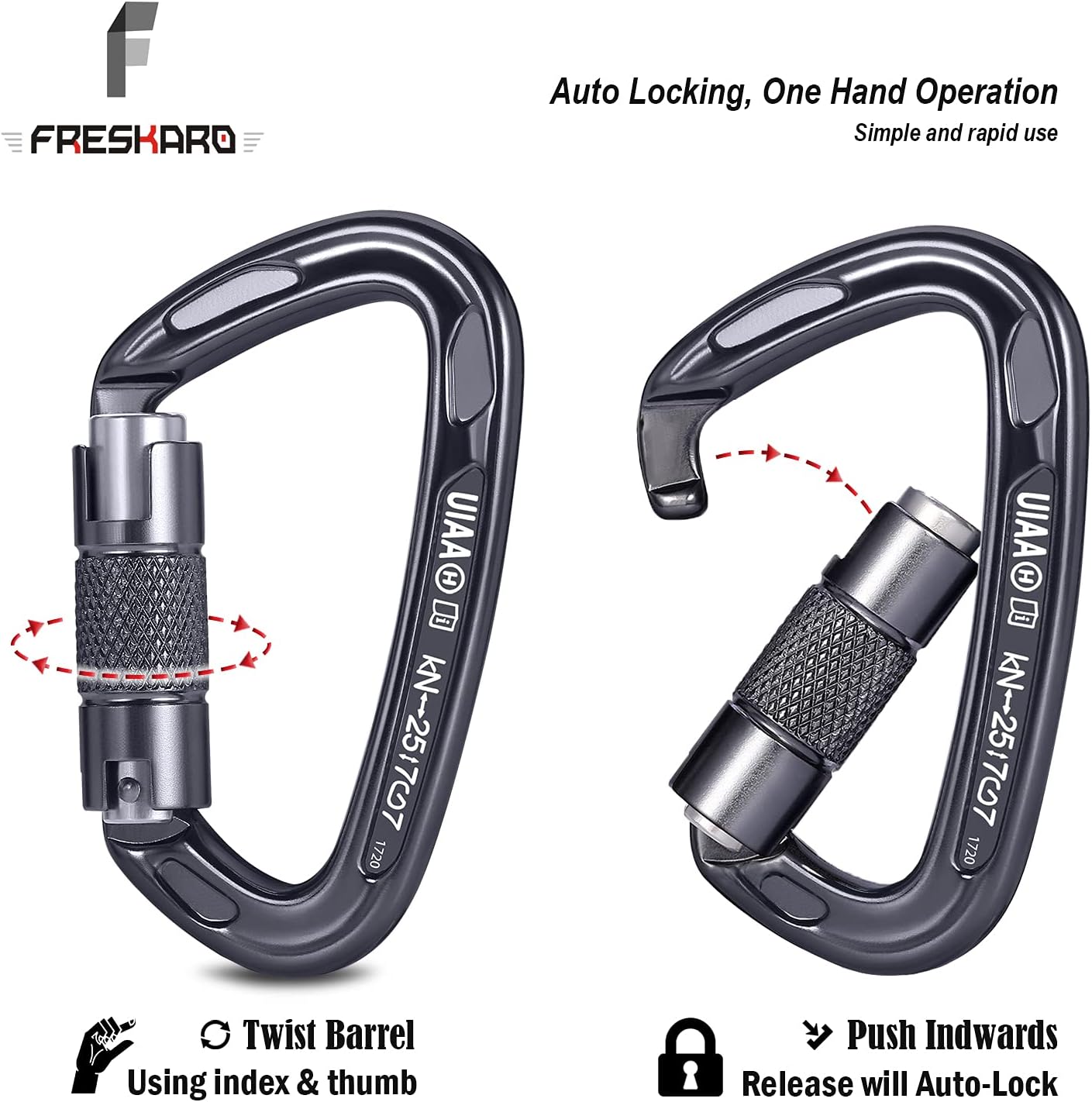 FresKaro 4inches Climbing Carabiner Clips, UIAA Certified 25kN Auto Locking Carabiners, Made of 7075 Aluminium, Lightweight, Rust Free and Heavy Duty, for Rappelling, Hiking etc, Spacegray, 3PCS : Sports & Outdoors