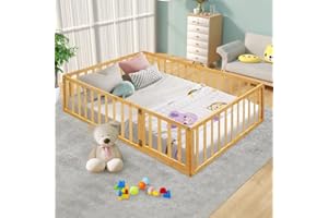 TURRIDU Queen Size Montessori Floor Bed, Multifunctional Wood Bed Frame with Fence & Door for Children Boys Girls Bedroom Living Room, Without Slat & Unlimited Weight, Natural
