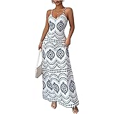 winkbay Women's Boho Print Deep V Neck Dress Summer Spaghetti Strap Beach Vacation Maxi Dresses