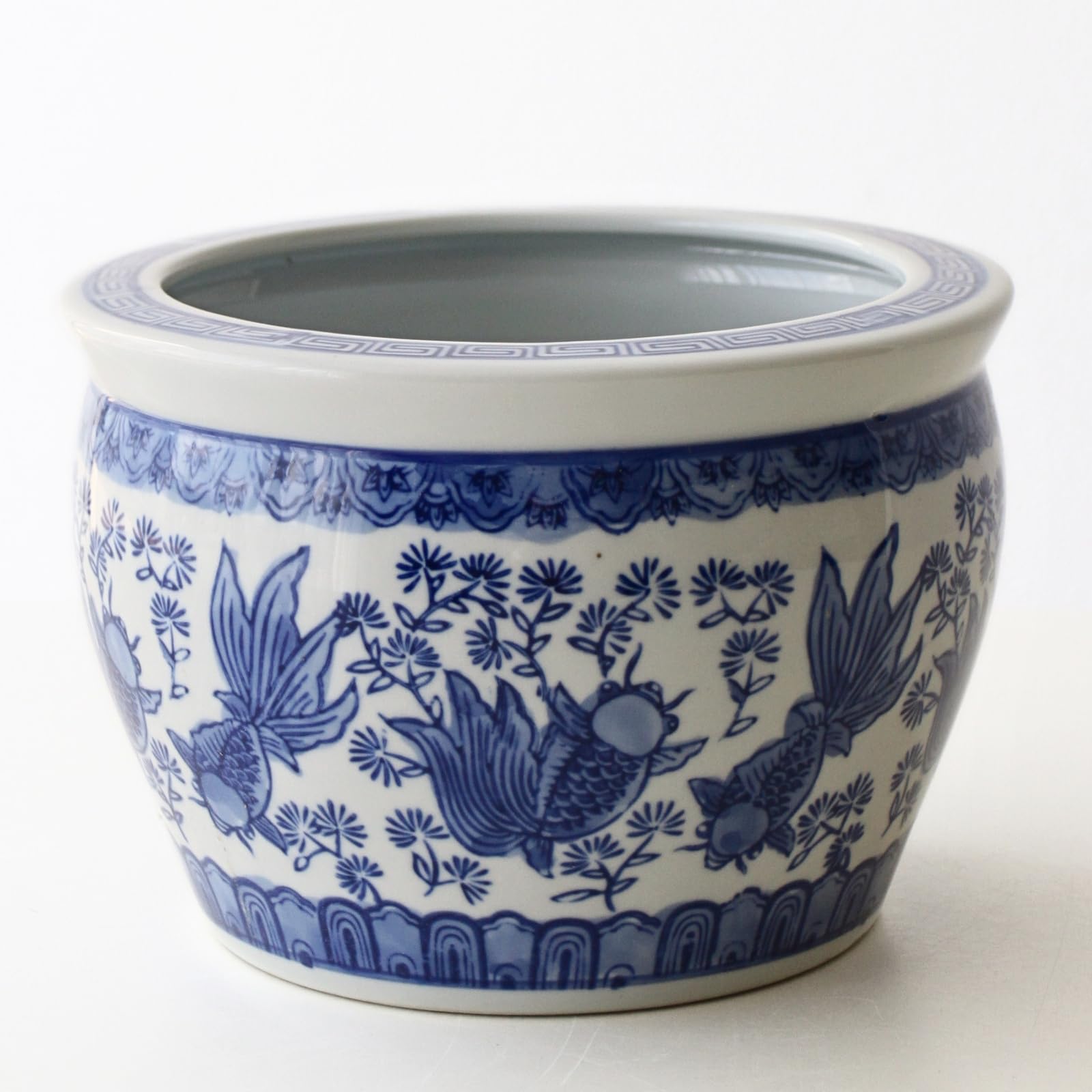 Fishbowl, Stylish, Pottery, Water Lily, Round, Outdoor, Indoor, Pot Cover, Hand Brazier, Mosquito Repellent, Mosquito Repellent, Japanese Style, Retro, Antique Ceramic Fishbowl, Blue Flowers