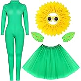 5pcs Sunflower Halloween Costumes for Women Cosplay Green Bodysuit Skirt Yellow Hood Headpiece Glasses Leaf Glove Accessory