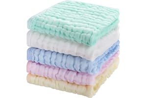 CottCare Baby Muslin Washcloths,Natural Purified Muslin Cotton Baby Wipes 6 Layer Absorbent Soft Newborn Baby Face Towel for Sensitive Skin,Baby Registry as Shower 5 Pack 10x10 inches