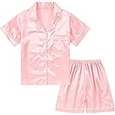 DIPUG Girls Pajamas Satin Pajama Set Silk Pjs Short Sleeve Sleepwear