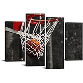 LevvArts 4 Piece Basketball Canvas Wall Art Black and White Red Basketball Picture Bedroom Living Room Decor Sports Picture Poster for Men Boys Room Gym Walls Decoration Ready to Hang