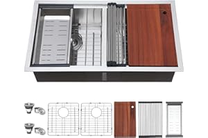 COMLLEN 33 Inch Double Bowl Undermount Kitchen Sink,33x19 Inch Workstation 16 Gauge Stainless Steel Double Kitchen Sinks with Cutting Board,9 Inch Deep Sink Maximizes Space Efficiency