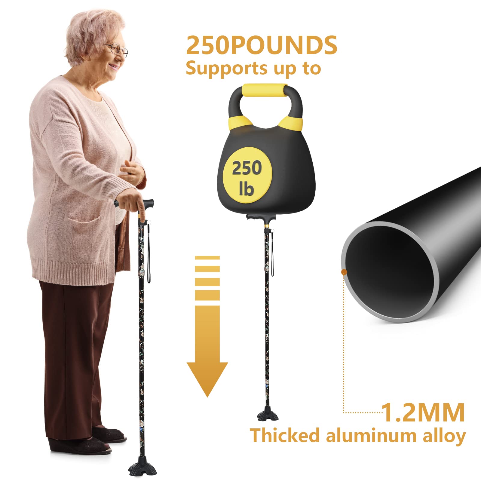 JUNRA Walking Cane with LED Light - Folding, Portable, Collapsible Aluminium Cane for Women and Men - Lightweight and Adjustable Walking Stick for Seniors Balance