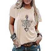 Skull Shirts for Women Gothic Skeleton Print Vintage Graphic Casual Cotton Tops Funny Workout Athletic Shirts