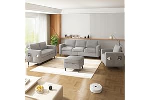 ADOWORE 3 Pieces Sofa Sets Furniture for Living Room, Linen Fabric 3 Seater Sofa with Ottoman and Loveseat and Armchair Sets, Modern L Shaped Couch + Love Seat + Accent Chair Sets,Light Grey