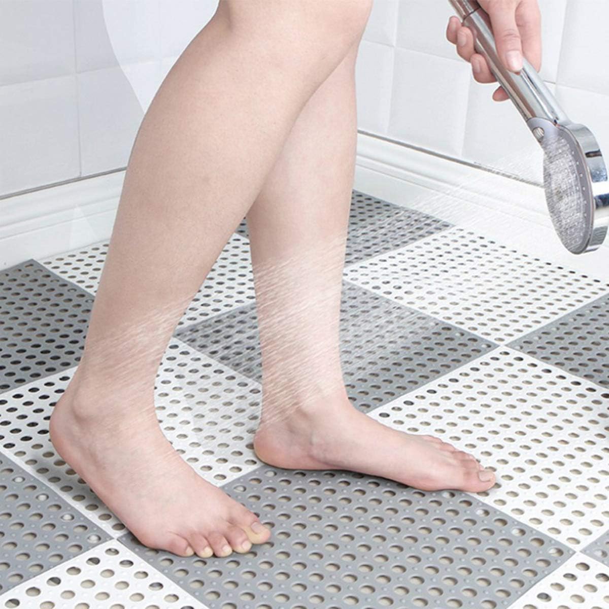 tonchean 24 PCS Interlocking Rubber Floor Tiles, 11.8'' x 11.8'' Soft Cushion Bathroom Mat Non-Slip with Drain Holes and Drainage Column Floor Tiles Cuttable Indoor/Outdoor Gray, 23 sq.ft: Kitchen & Dining