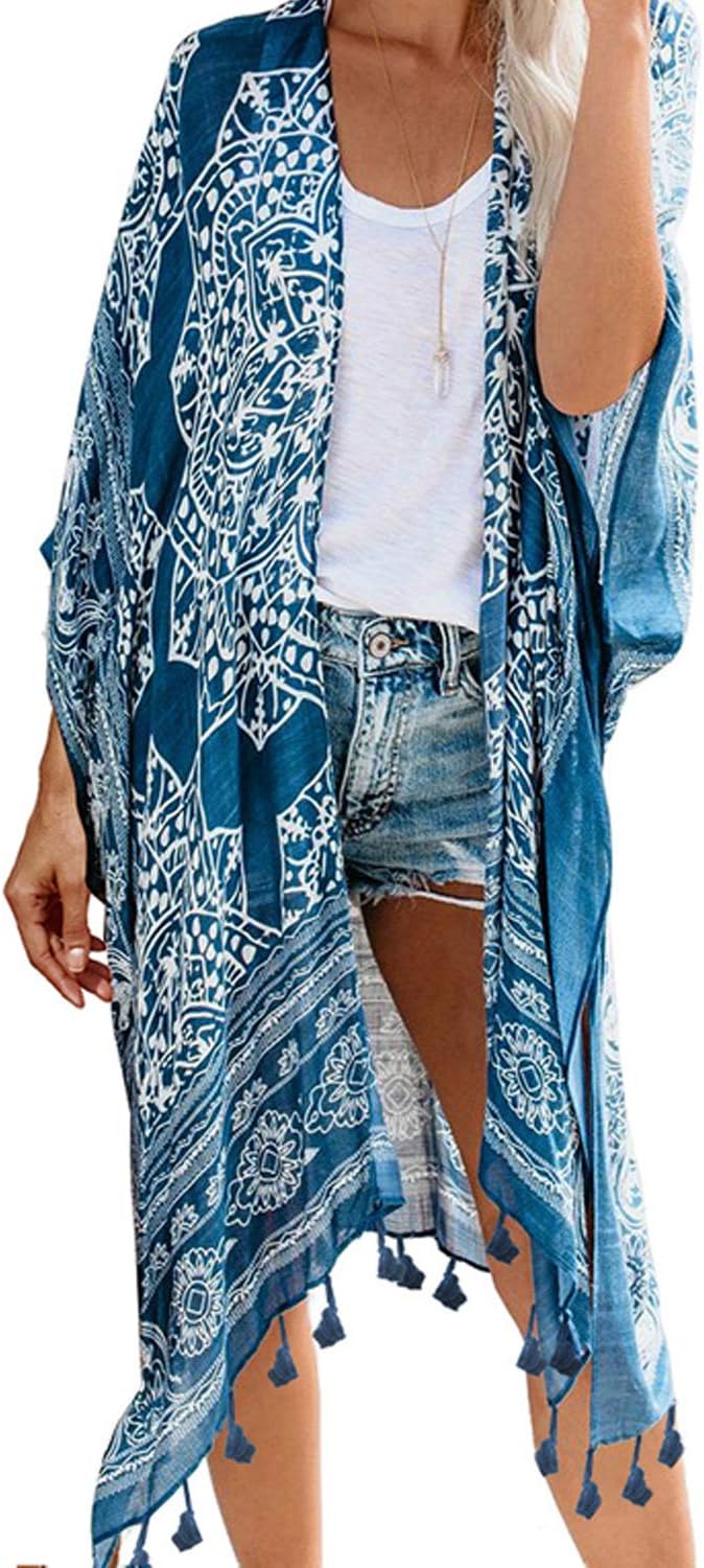 Women's Beach Swimwear Cover Up Kimono Loose Tops Floral Blouse Cardigan