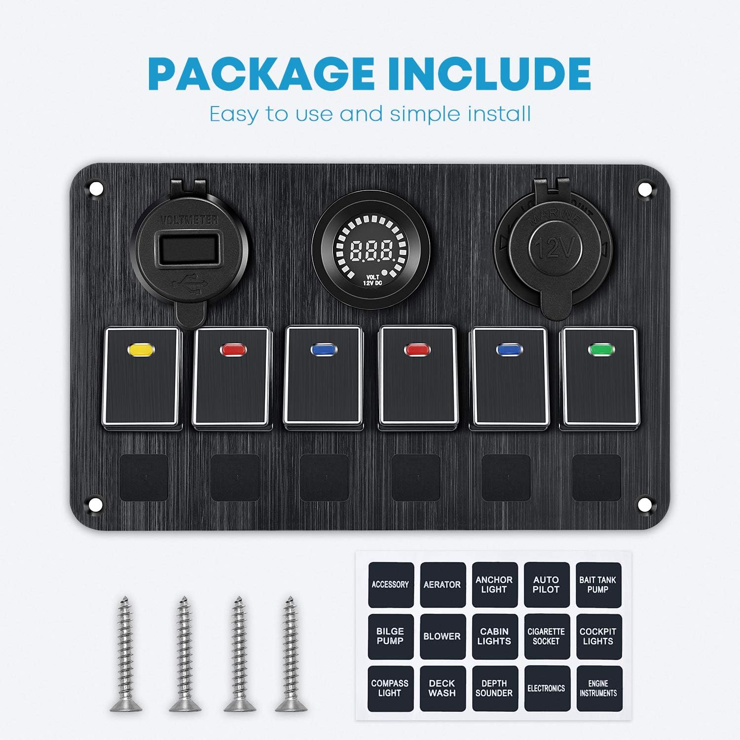 Kohree Upgrade 6 Gang Marine Boat Rocker Switch Panel, 12V Aluminum Waterproof Led Switch Panel for Car Truck Marine Boat, Digital Voltmeter Display Dual QC 3.0 USB Charger Port DC 12/24 Volt Socket: Sports & Outdoors