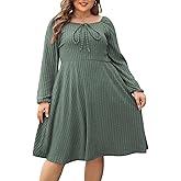 Nemidor Womens Plus Size Casual Fall Dress Square Neck Long Sleeve Ribbed Swing Sweater Dresses with Pocket