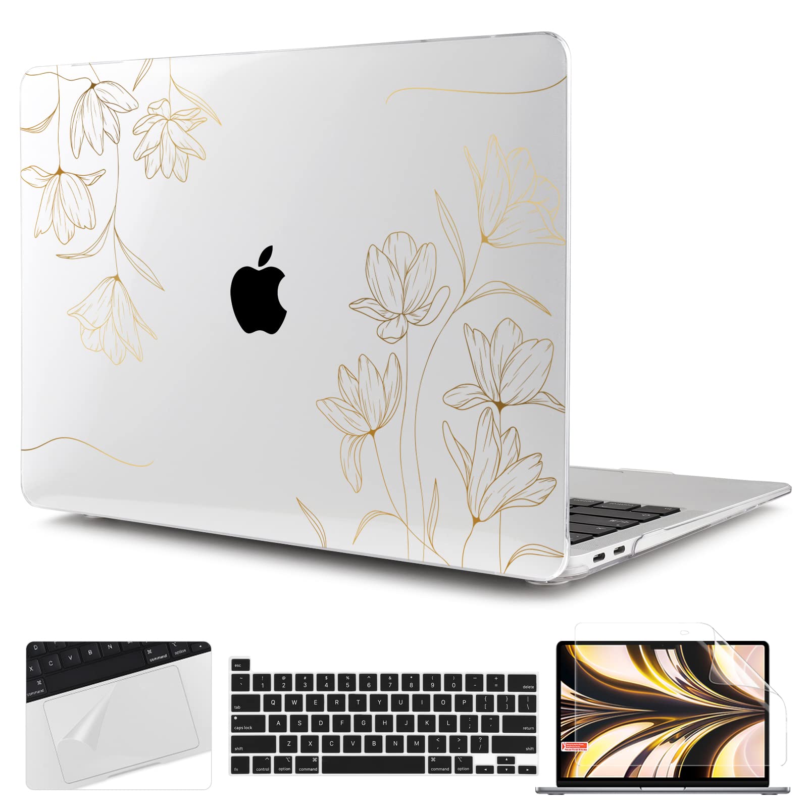 Photo 1 of TWOLSKOO Compatible with MacBook Pro 13 inch Case 2022 2021 2020-2016 A2338 M2/M1 A2251 A2289 A2159 A1989 A1706, Plastic Hard Shell Cover & Keyboard Skin & Screen Protector, Gold Florals