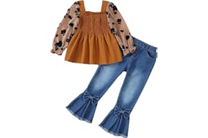 Kucnuzki Toddler Kids Girl Clothes Long Sleeve Shirt Tops Baggy Jeans Cute Pants Set Baby Girl Outfit 2 Piece Clothing