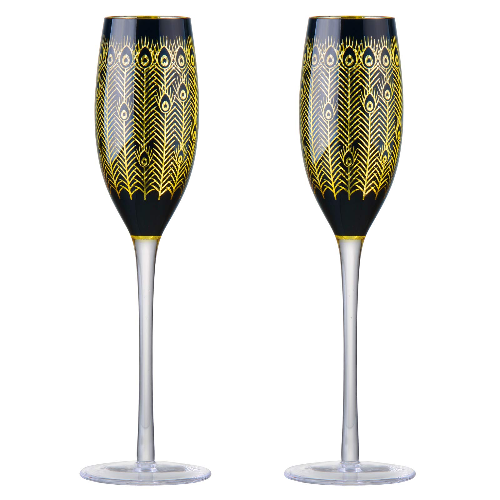 ARTLAND - Midnight Peacock Champagne Flutes - Gold & Black - Set of 2-200ml Capacity Per Glass - Perfect Idea for an Engagement Gift or Wedding Present