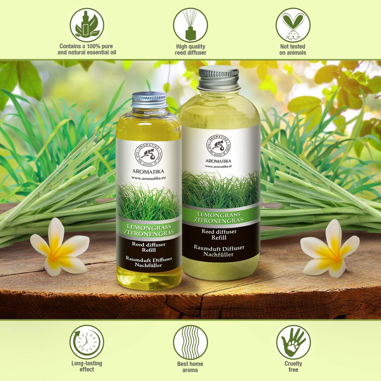 AROMATIKA Lemongrass Reed Diffuser Refill 200ml, Natural Essential Oil, Fresh Citrus Room Fragrance - Image 3