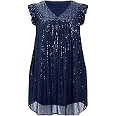 Beautife Women's Sequin Plus Size Mini Dress Ruffle Short Sleeve V Neck Babydoll A Line Glitter Club Party Dresses