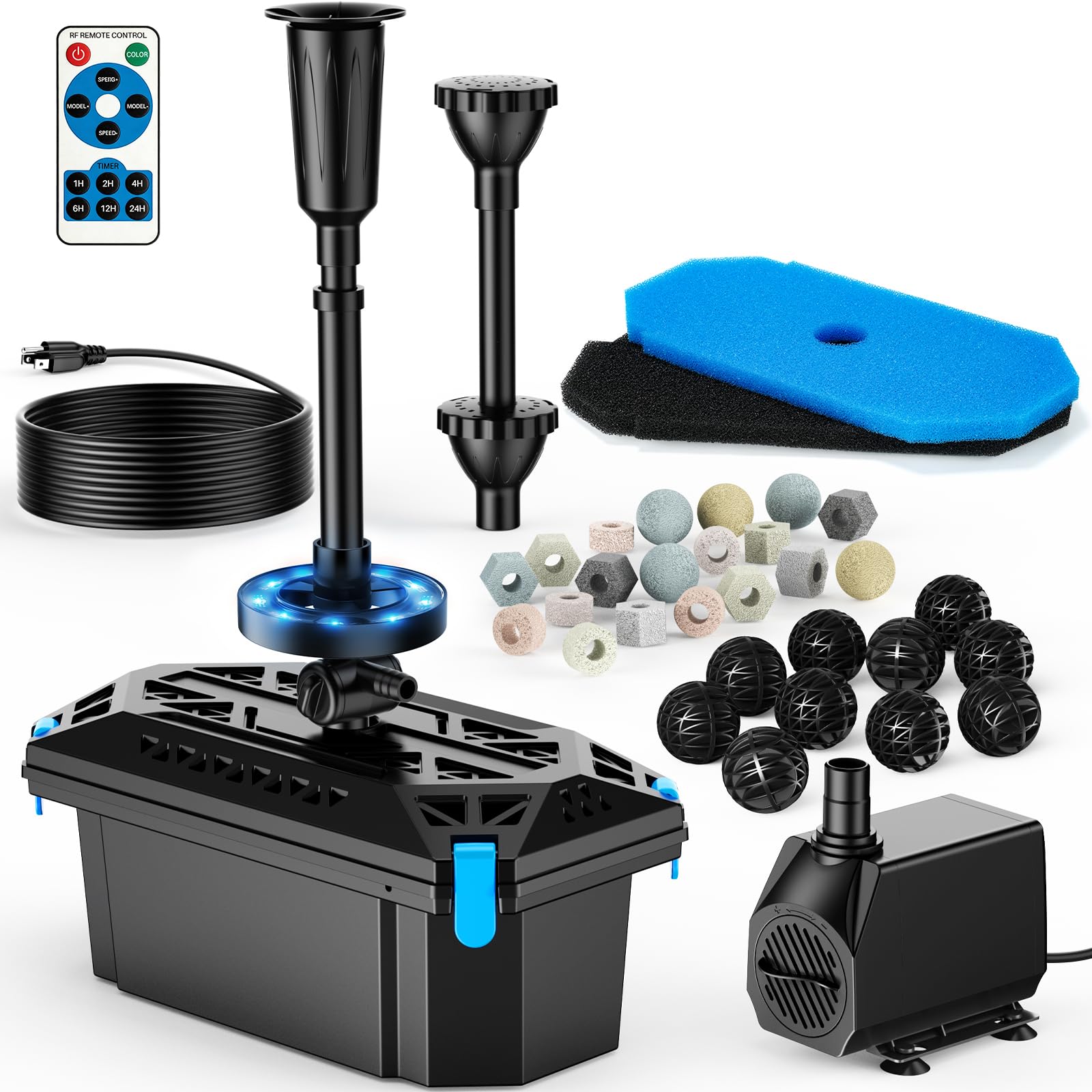 Photo 1 of POPOSOAP Pond Filter with Fountain Kits, 660GPH Pond Pump Filter Built-in RGB LED Lights with Remote Controller, Pond Filters for Outdoor Ponds Clean, Clear and Water Features P2326D