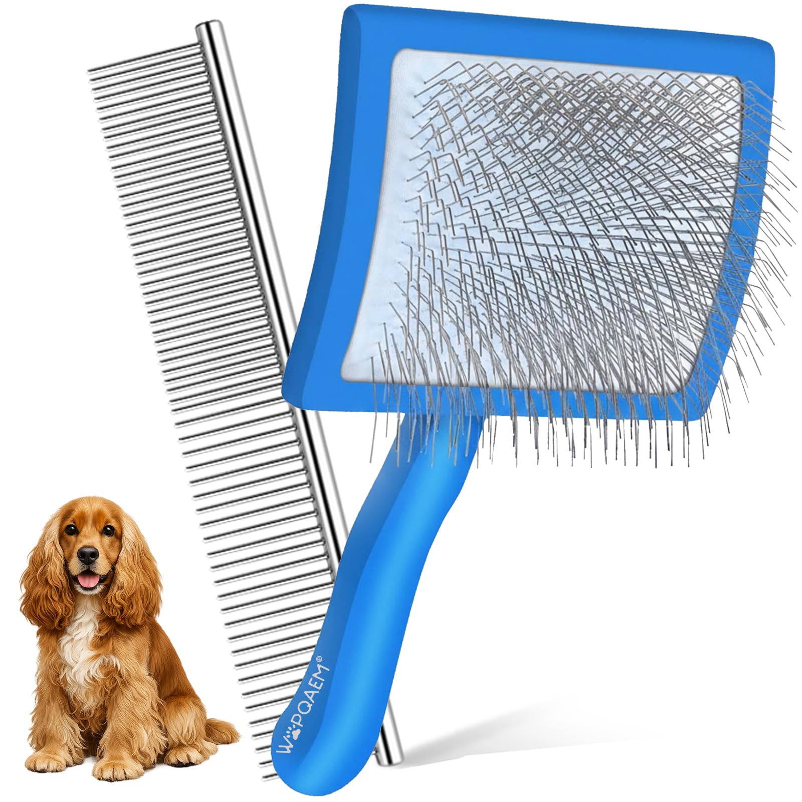 WOPQAEM Slicker Brush for Dogs, Large Long Pin Dog Brush for Cockapoo Cavapoo Doodles Poodles Goldendoodle Labradoodle, 2 PCS Large Pet Comb and Grooming Brush, Wood Handle - Blue