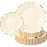 Lullaby 60PCS Light Yellow Scalloped Plastic Plates, Disposable Elegant Plates Include 30pcs Dinner Plate 10.25", 30pcs Plastic Dessert Plate 7.5", Perfect for Wedding and Party