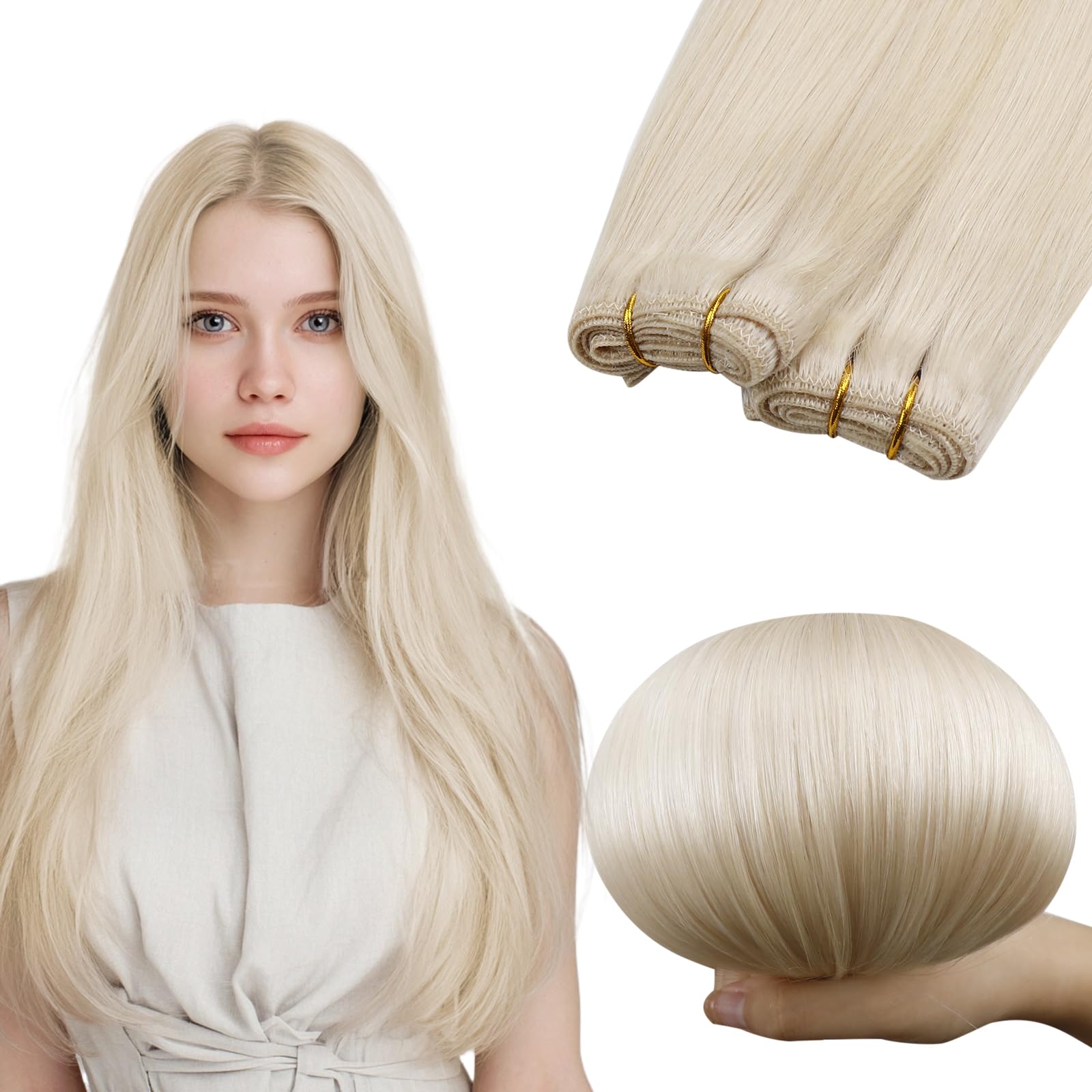 RUNATURE Blonde Hair Extensions Weft Human Hair Sew in White Double Weft Extension 14 Inch 100 Gram — image 1